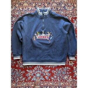 Vintage Y2K Looney Tunes Warner Bros. Embroidered Quarter Zip Sweater Large Blue